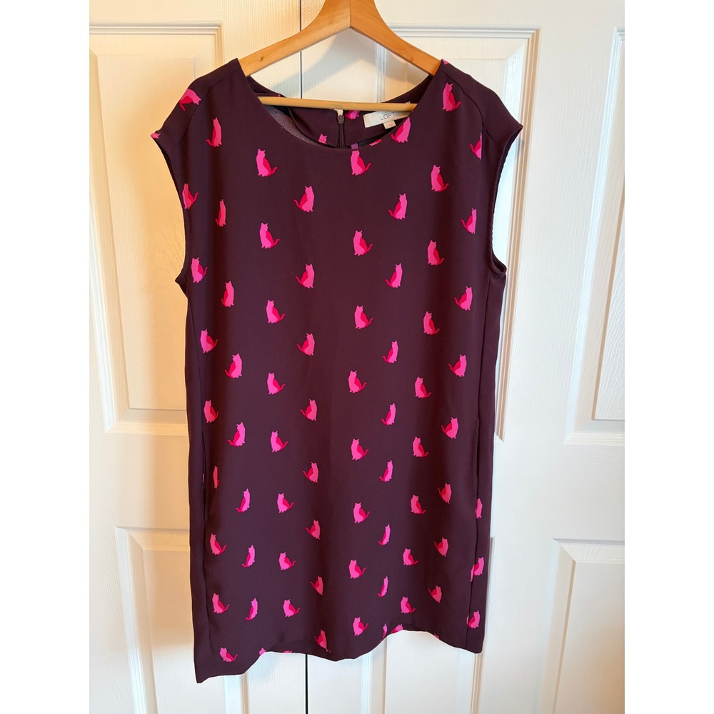 LOFT Women Burgundy Purple Pink Cat Print Shift Dress Side Pockets Size L